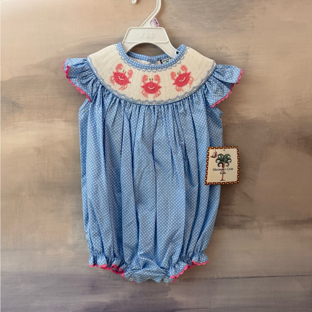Shrimp & Grits Blue Polka Dot Smocked Baby Romper with Pink Crab Motif 12 months